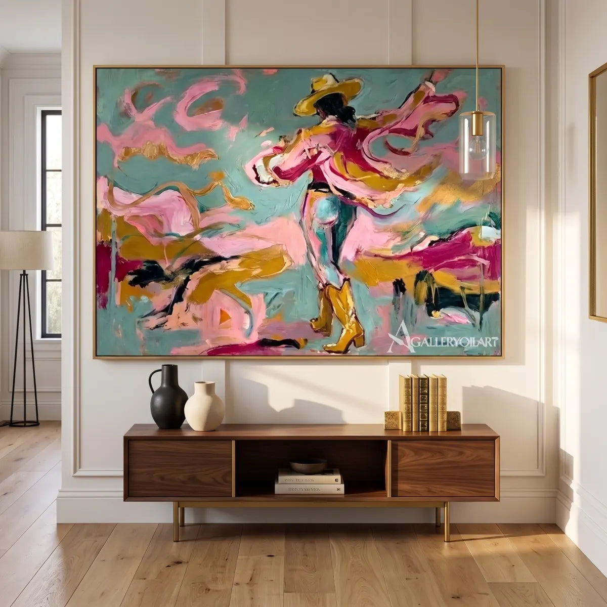 dancing-ribbon-motion-pop-art-pink-wall-art-in-a-transitional-corridor