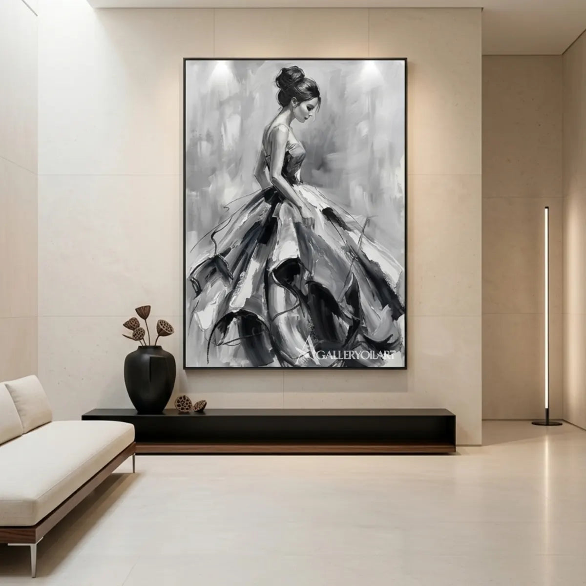 Woman-in-a-flowing-gown-in-expressive-grayscale-portrait-art-displayed-in-a-gallery-entryway