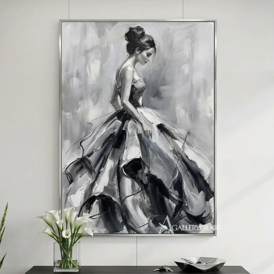 Woman-in-a-flowing-gown-in-expressive-grayscale-portrait-art-displayed-in-a-minimalist-entryway