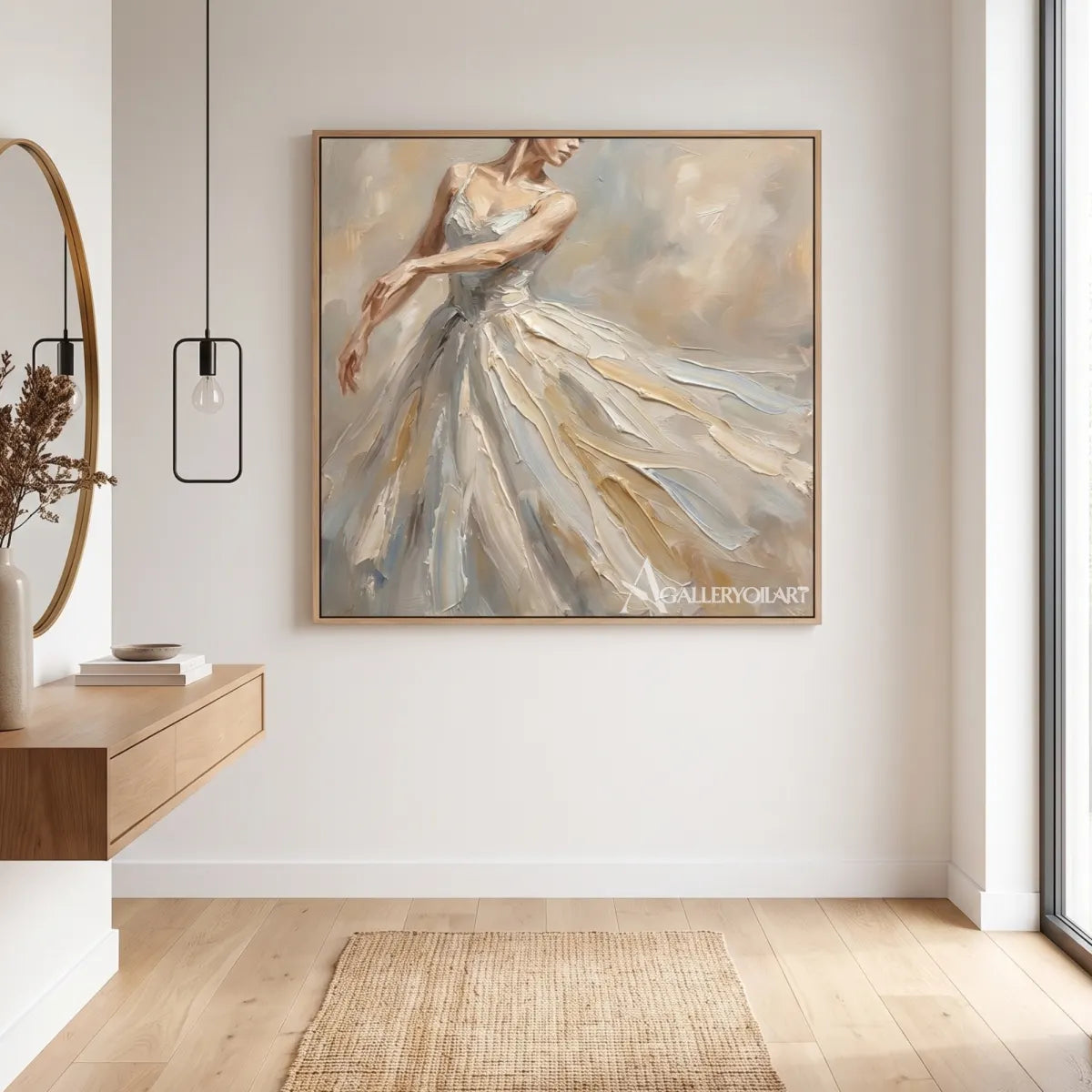 Modern-entryway-with-square-dancer-portrait-art-in-soft-neutral-tones