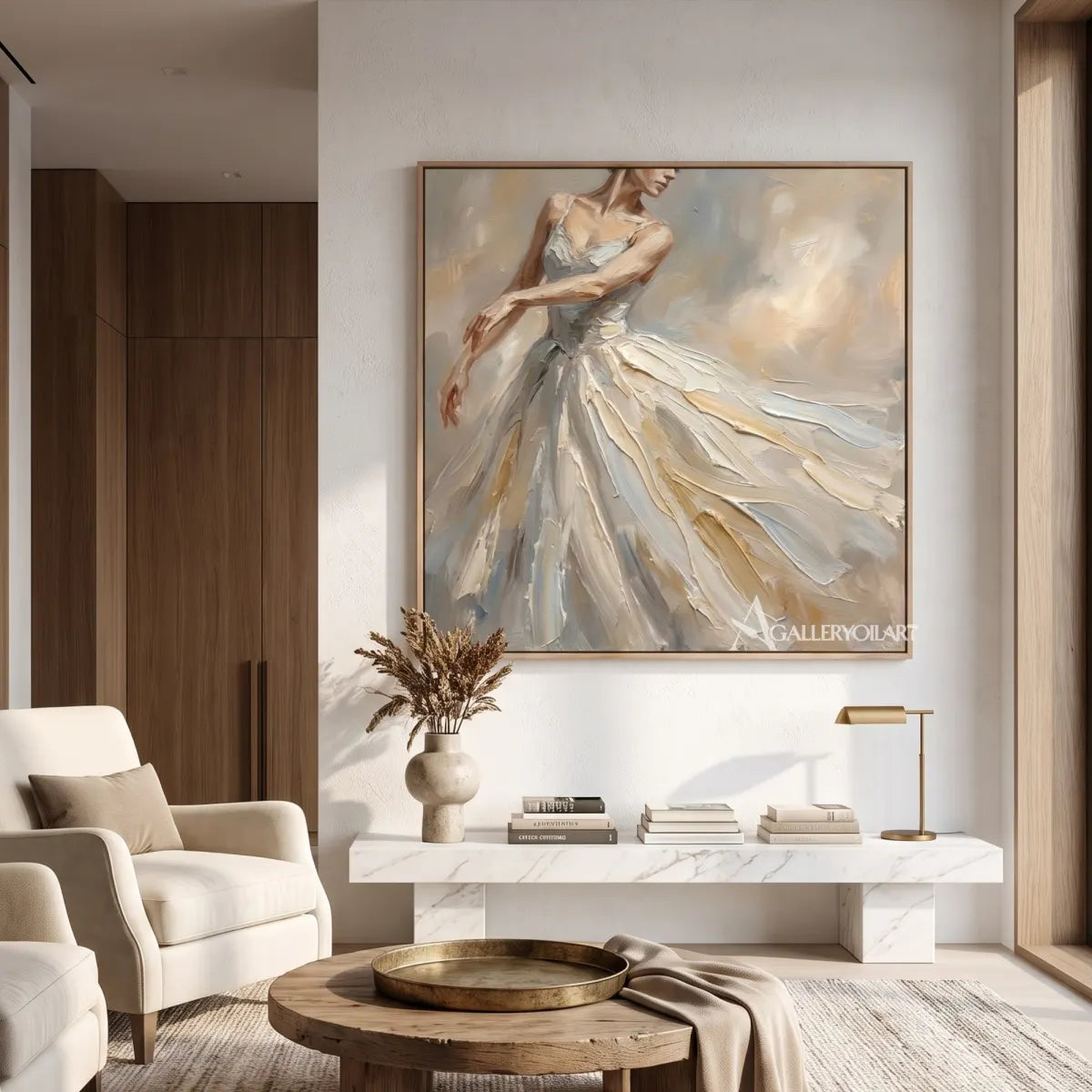Square-dancer-portrait-art-in-ivory-and-muted-gold-above-a-sofa