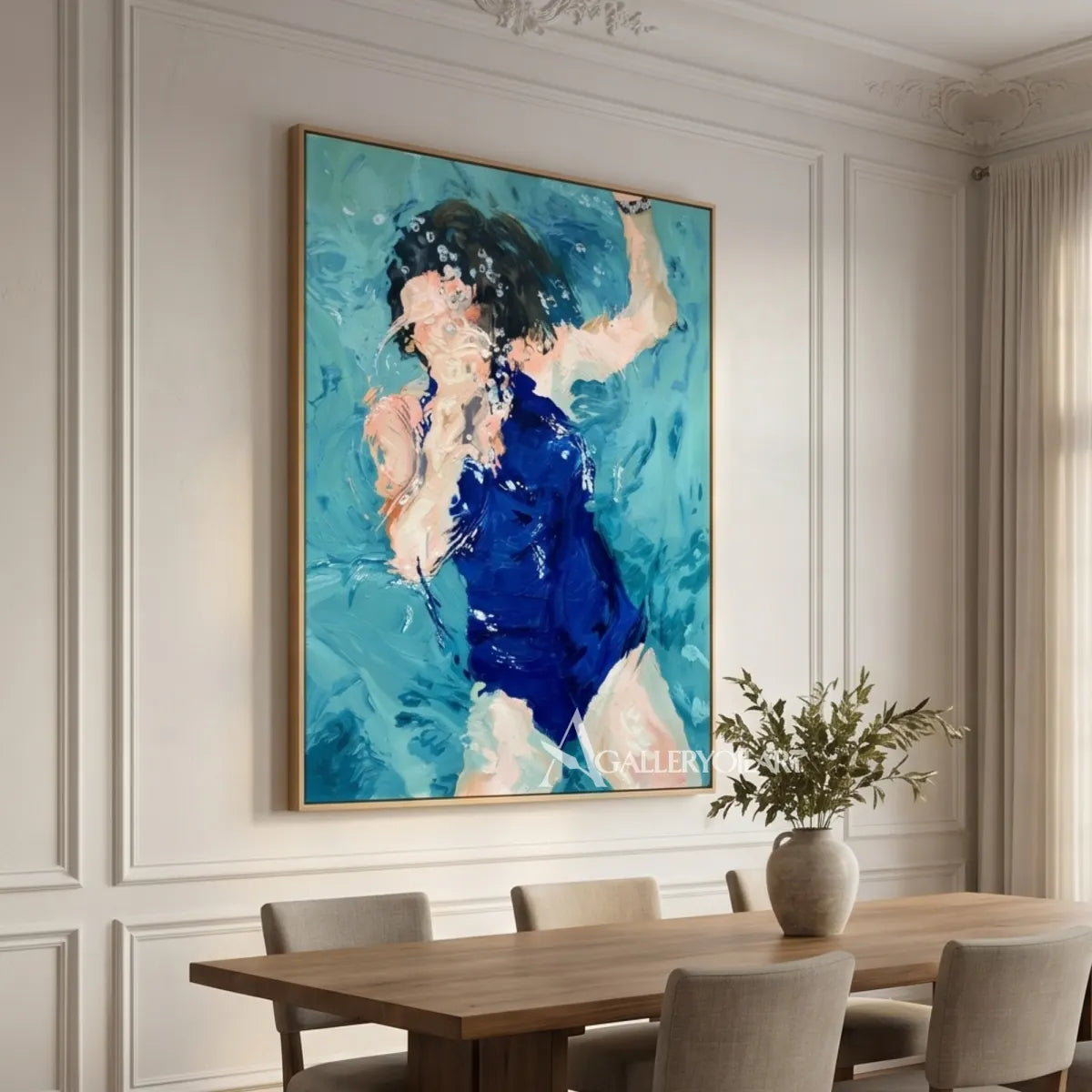 Blue-dressed-dancer-in-a-fluid-portrait-painting-hung-in-a-dining-room