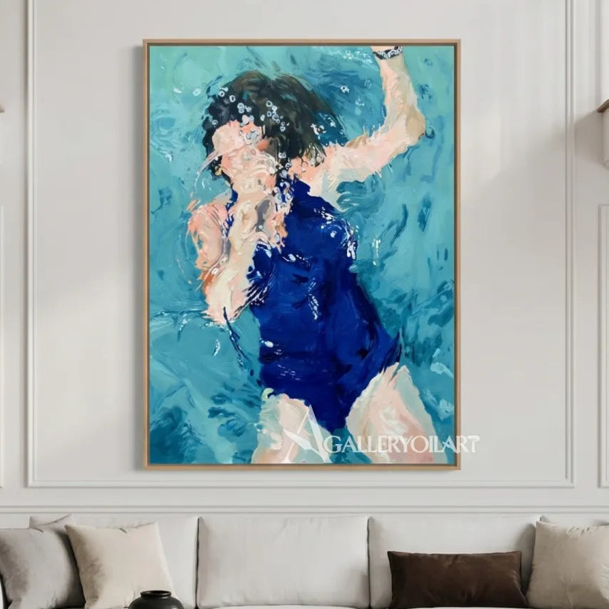 Woman-in-a-vivid-blue-dress-with-one-arm-raised-in-an-expressive-portrait-painting-over-a-living-room-sofa