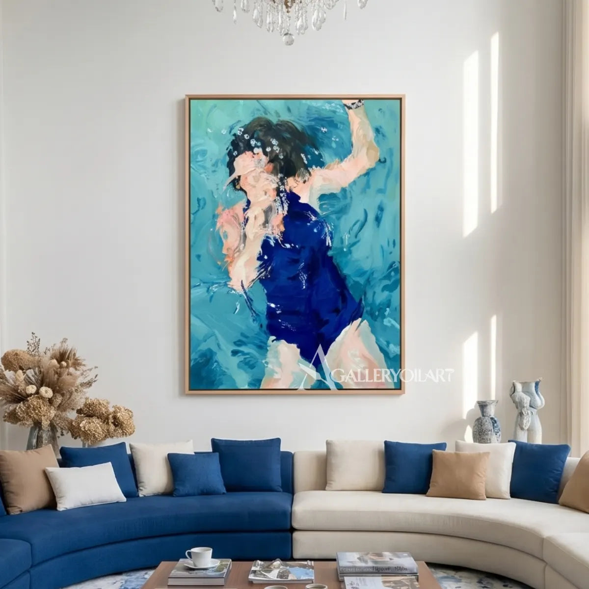 Woman-in-motion-with-one-arm-raised-in-an-energetic-blue-portrait-painting-in-a-seating-area