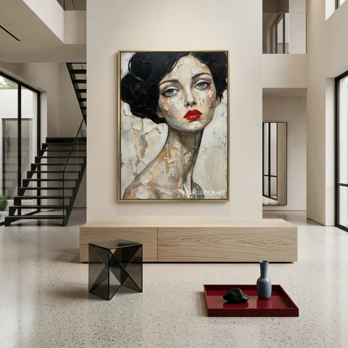 Close-up-woman-with-dark-curled-hair-and-red-lips-portrait-art-displayed-in-a-bright-modern-entryway