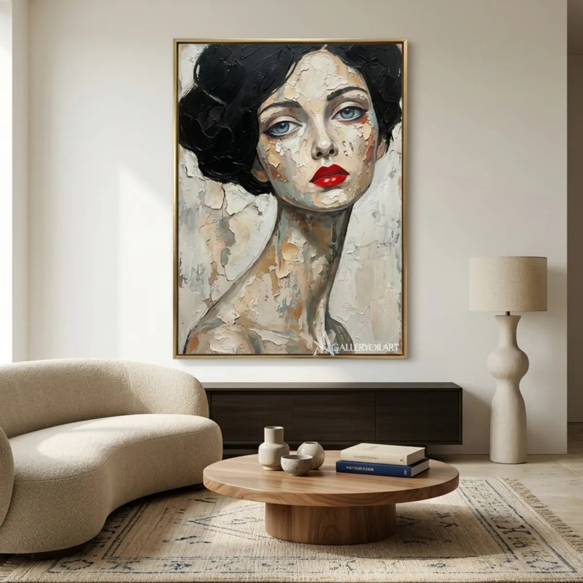 Close-up-woman-with-dark-curled-hair-and-red-lips-portrait-art-above-curved-seating-in-a-light-living-room