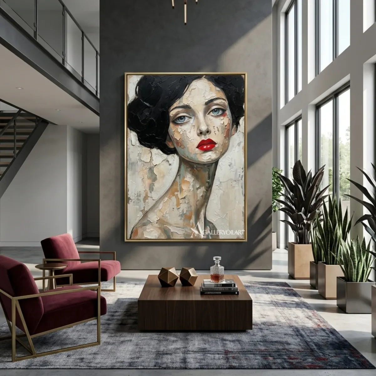 Close-up-woman-with-dark-curled-hair-and-red-lips-portrait-art-in-a-double-height-living-room-with-dark-accents