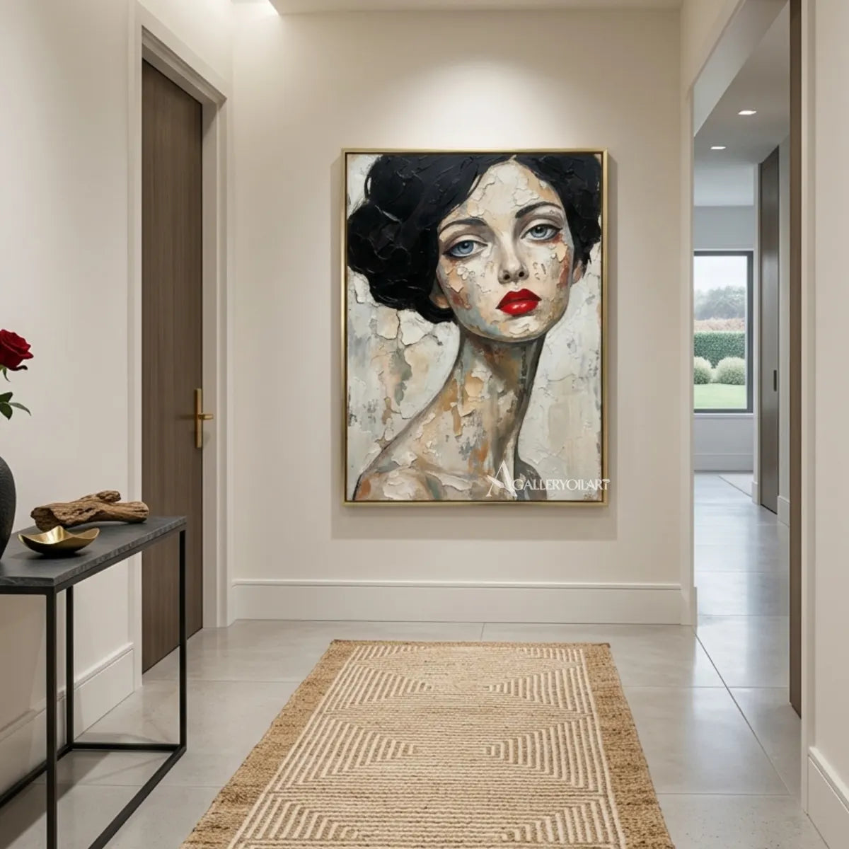 Close-up-woman-with-dark-curled-hair-and-red-lips-portrait-art-in-a-modern-entryway-with-cream-tones