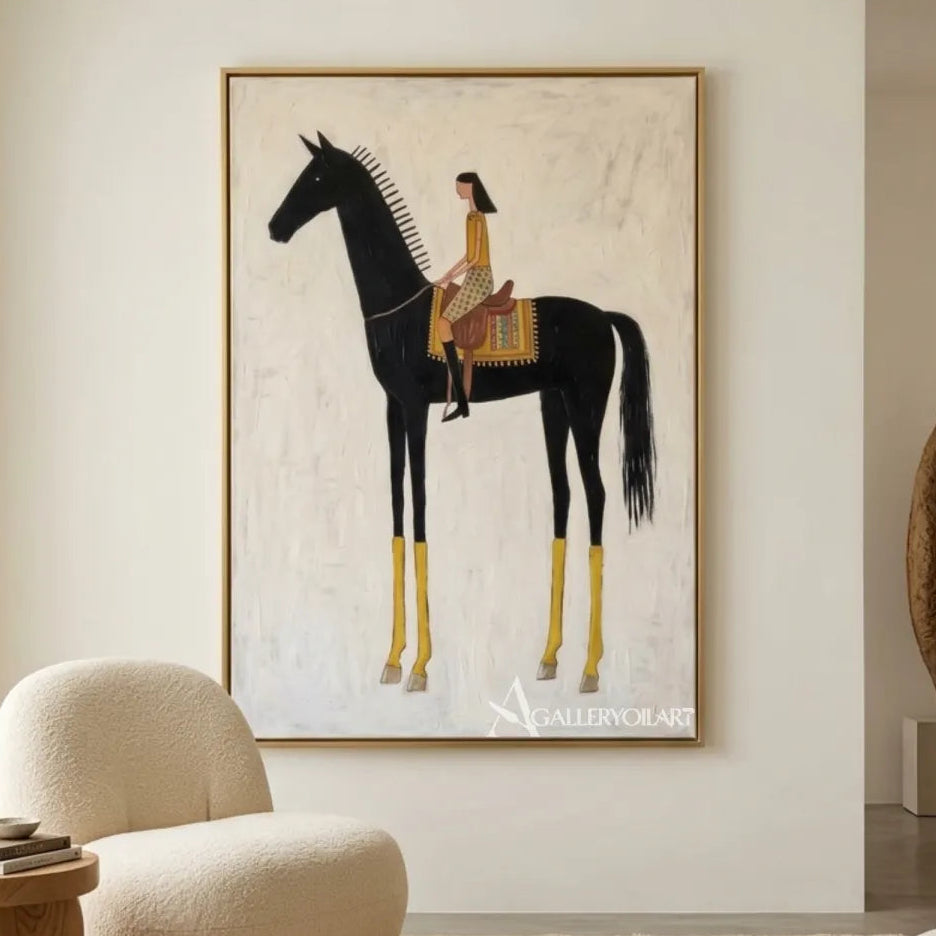 Western-cowboy-art-of-a-black-horse-with-a-patterned-saddle-and-rider-against-an-ivory-background-in-a-neutral-living-room