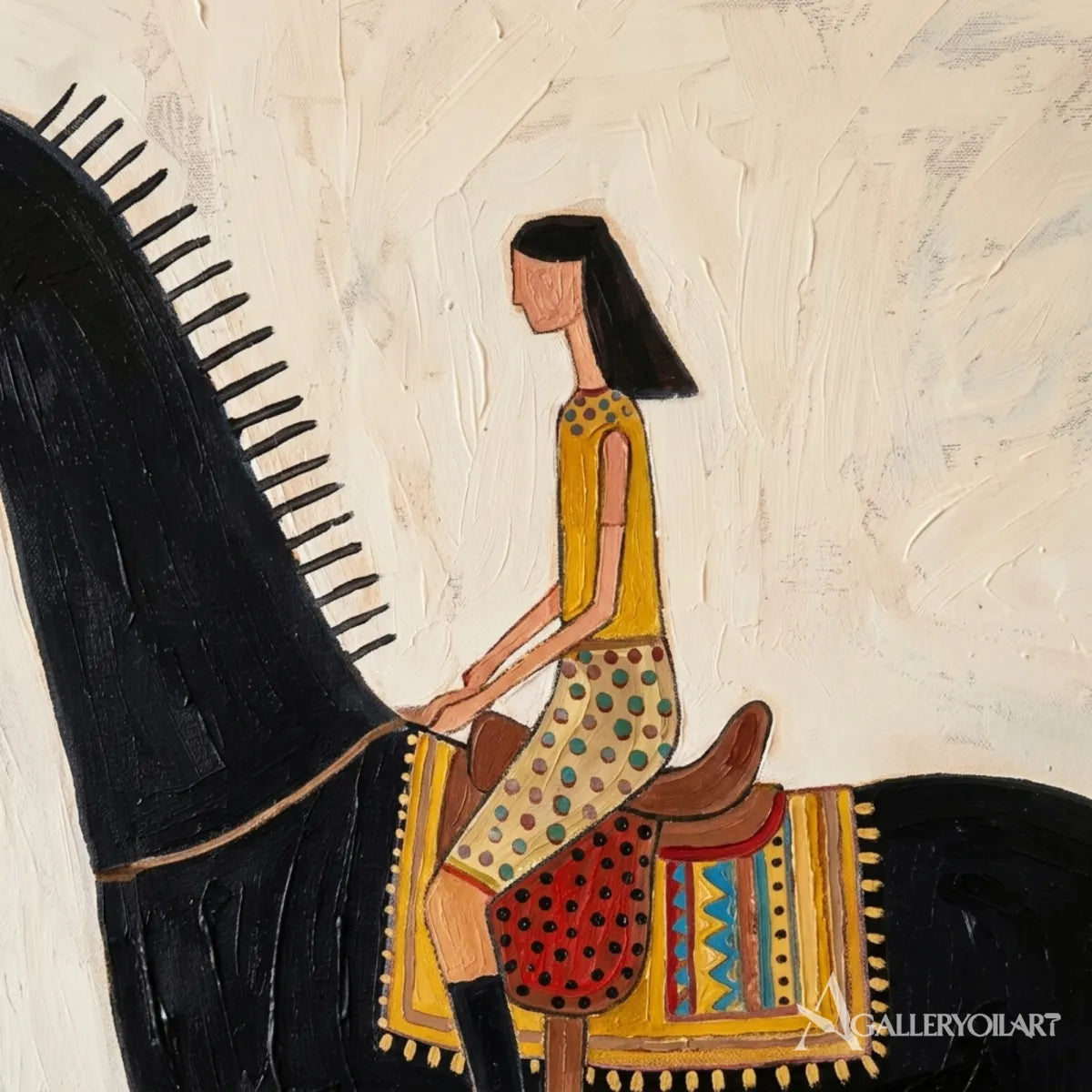 Close-view-of-Western-cowboy-art-showing-a-patterned-saddle-and-rider-on-a-black-horse-against-an-ivory-background