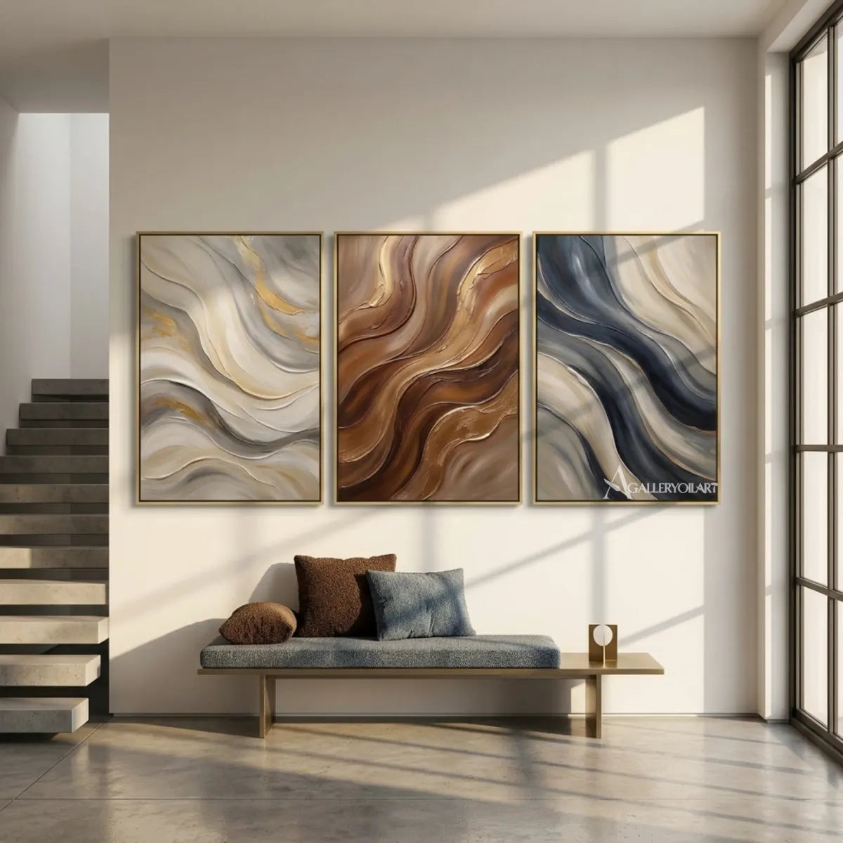 Three-panel-earthen-abstract-currents-in-textured-3d-brown-wall-art-in-bedroom