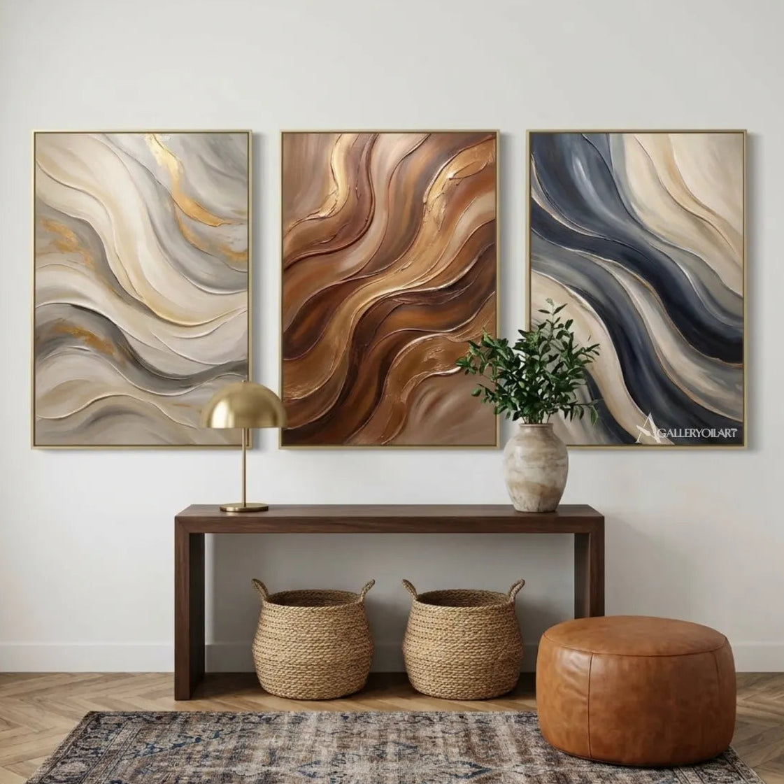 Three-panel-earthen-abstract-currents-in-textured-3d-brown-wall-art-in-entryway