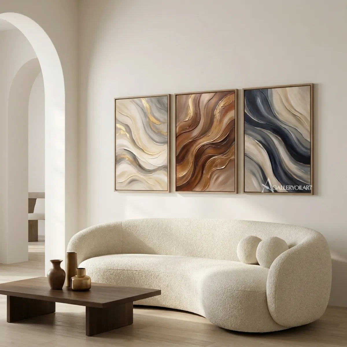 Three-panel-earthen-abstract-currents-in-textured-3d-brown-wall-art-in-living-room