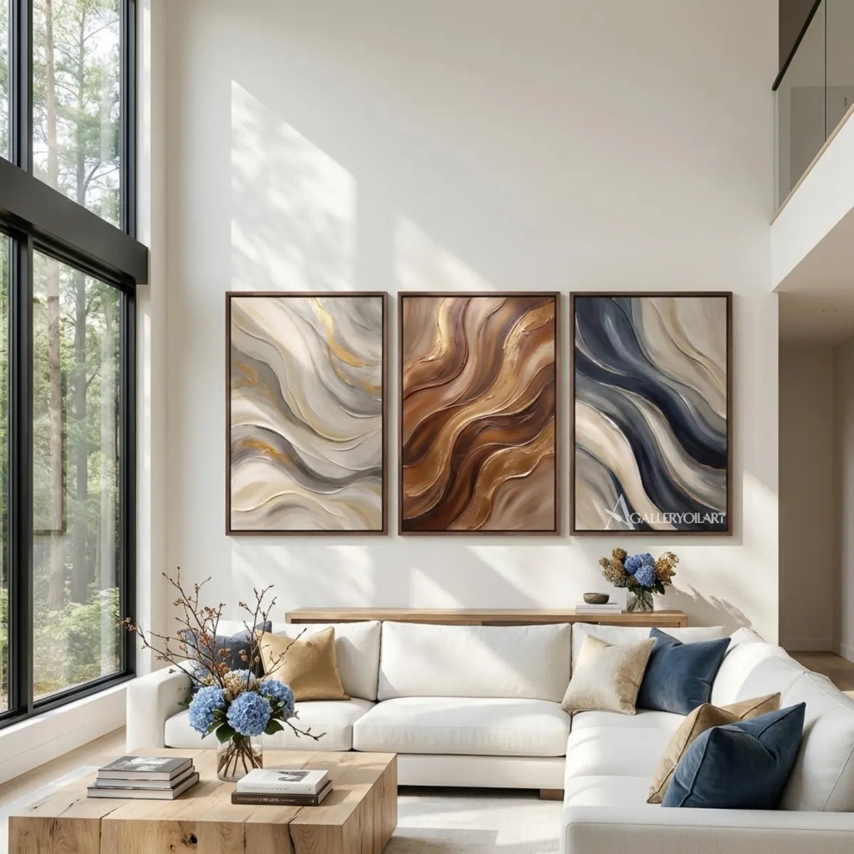 Three-panel-earthen-abstract-currents-in-textured-3d-brown-wall-art-in-modern-interior