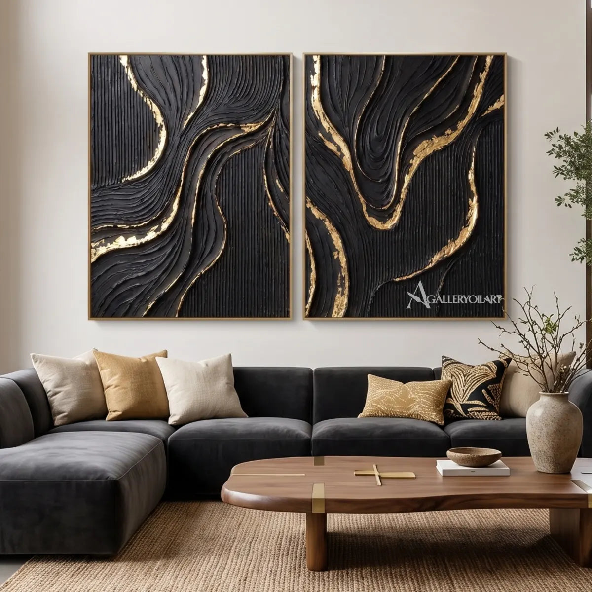 Textured-3D-abstract-etched-ribbons-diptych-in-charcoal-black-and-gold-displayed-in-a-contemporary-living-room