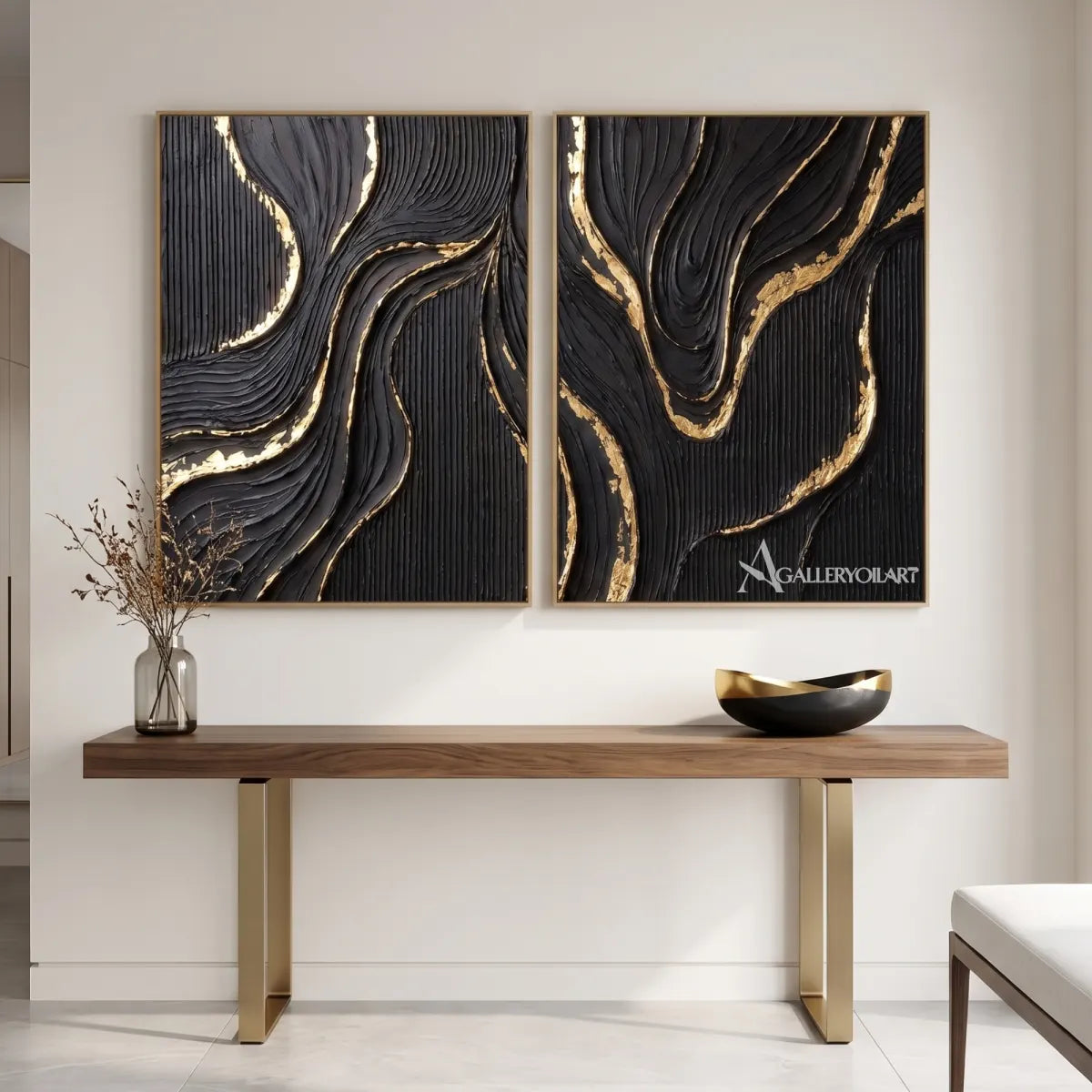 Textured-3D-abstract-etched-ribbons-diptych-in-charcoal-black-and-gold-displayed-in-a-modern-entryway