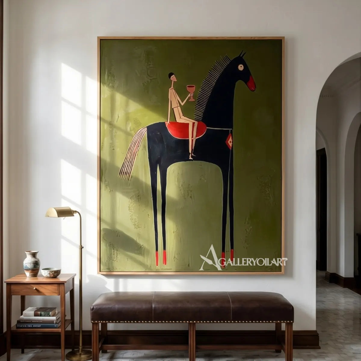 a rider holding a cup on a dark horse in green and ivory western cowboy wall art in a living room setting