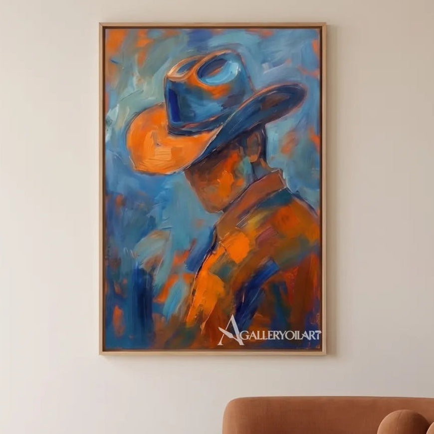an abstract cowboy portrait in a broad hat-in-western-cowboy-blue-sofa-room