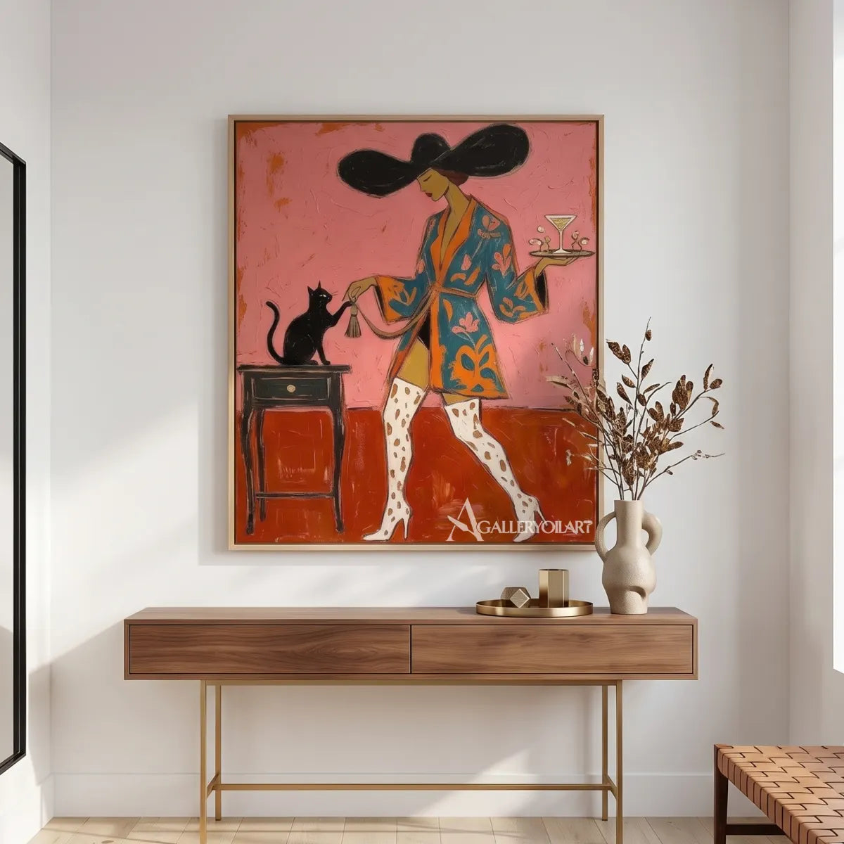 fashion-cat-toast-pop-art-pink-wall-art-in-a-modern-entryway