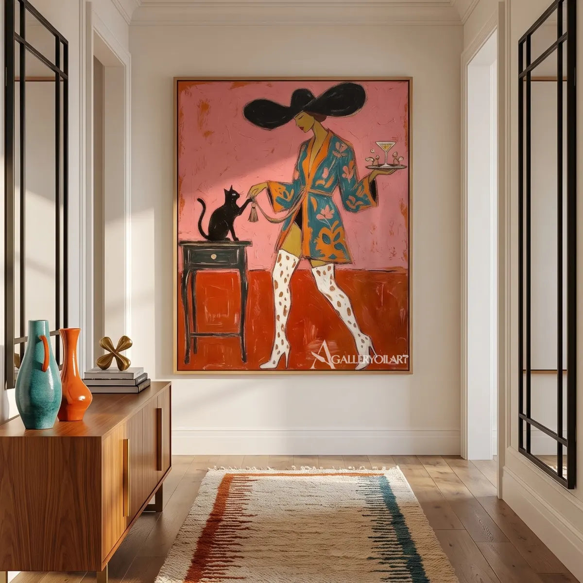 fashion-cat-toast-pop-art-pink-wall-art-in-a-transitional-corridor