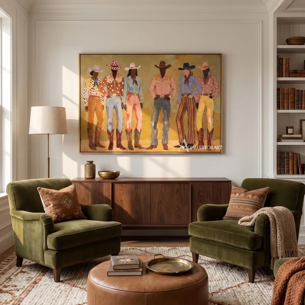 line-of-stylized-figures-portrait-art-olive-green-and-ochre-wall-art-in-a-cozy-living-room
