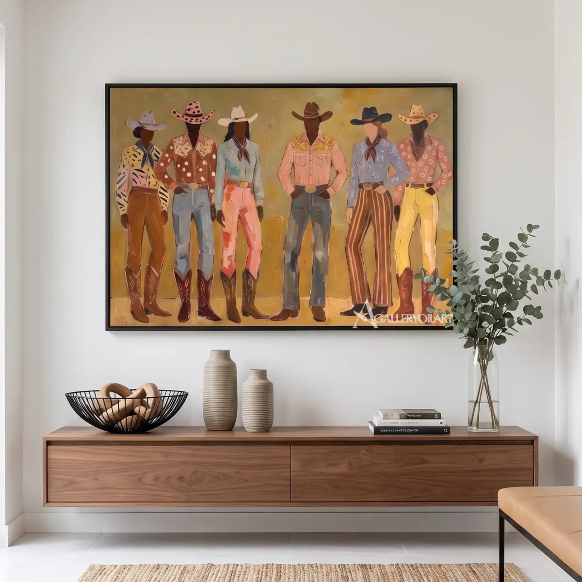 line-of-stylized-figures-portrait-art-olive-green-and-ochre-wall-art-displayed-above-a-console