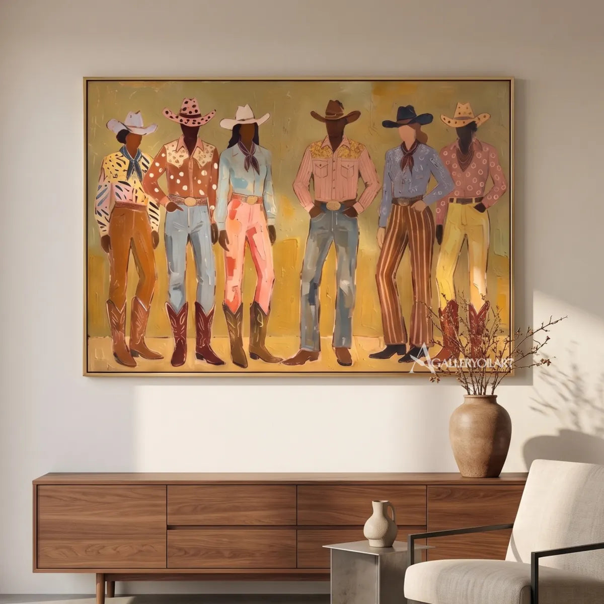 line-of-stylized-figures-portrait-art-olive-green-and-ochre-wall-art-in-a-neutral-living-room