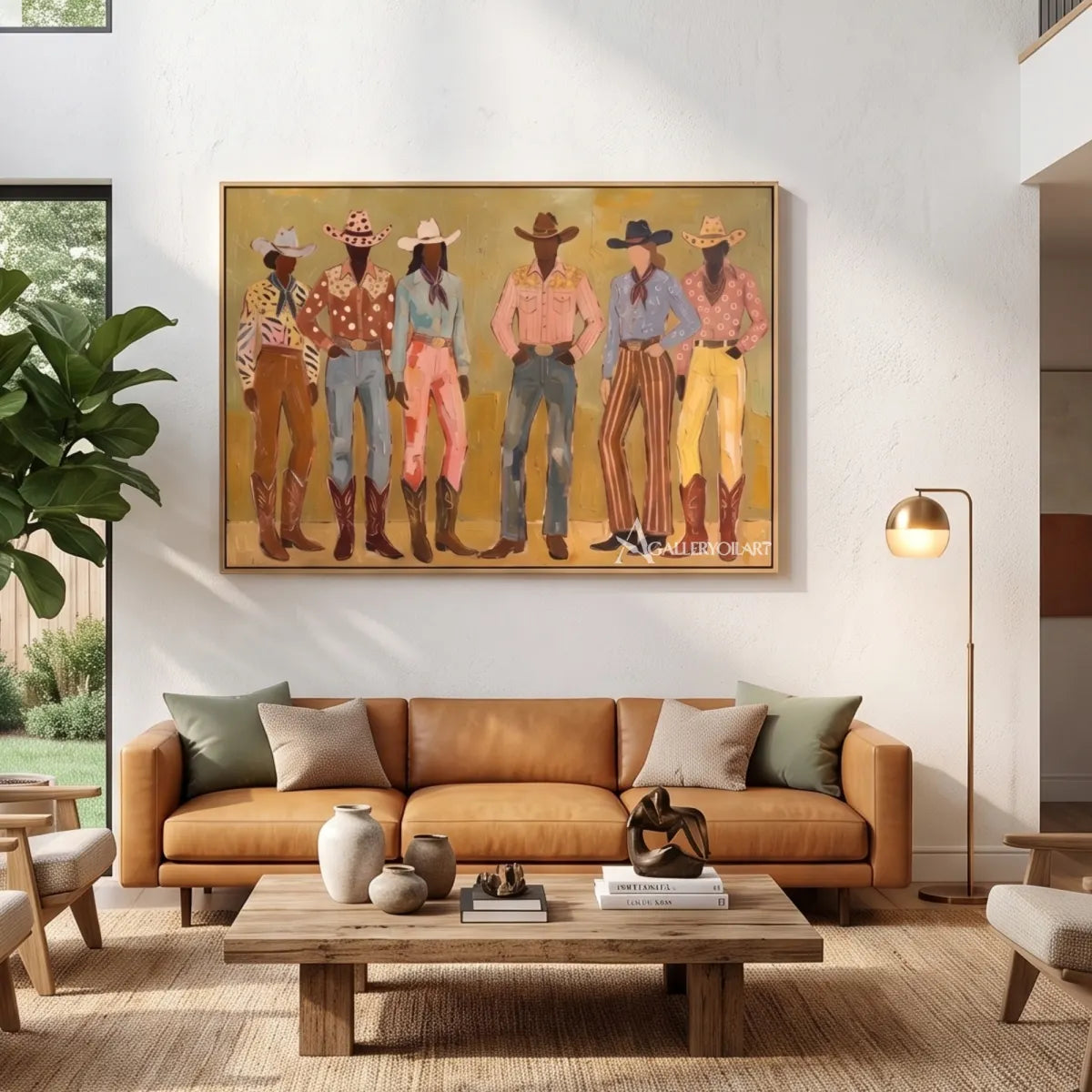 line-of-stylized-figures-portrait-art-olive-green-and-ochre-wall-art-in-a-warm-living-room