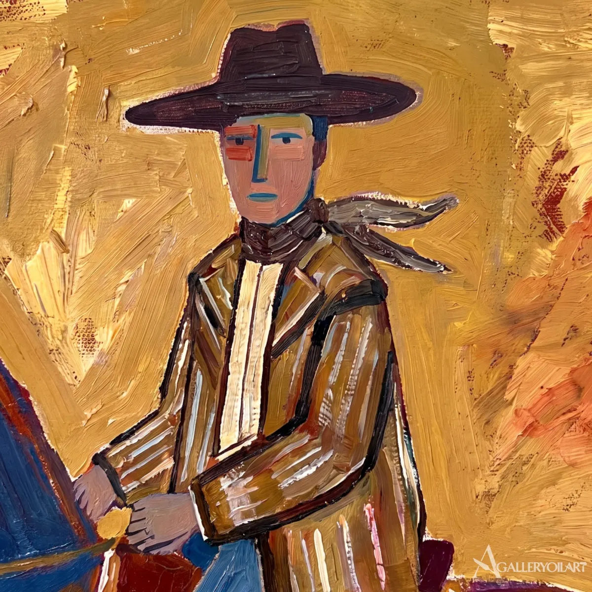 floral horse with rider-western-cowboy-art-orange-wall-art-in-close-up-detail