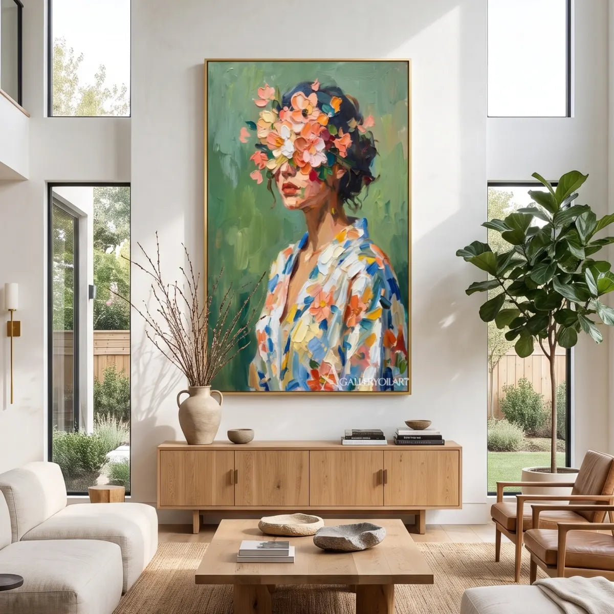 woman-with-flower-crown-portrait-art-green-and-coral-wall-art-above-console-in-bright-living-room