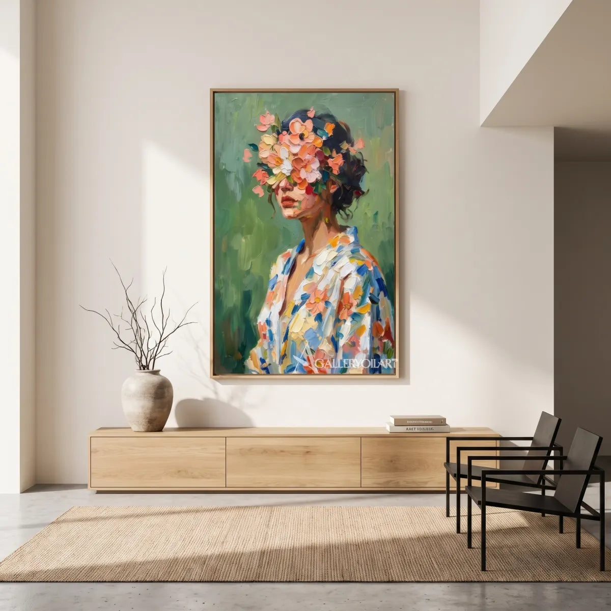 woman-with-flower-crown-portrait-art-green-and-coral-wall-art-in-a-minimalist-room