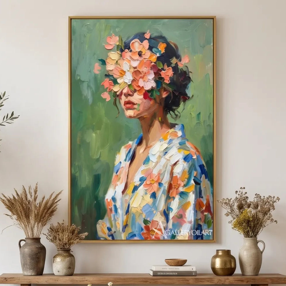 woman-with-flower-crown-portrait-art-green-and-coral-wall-art-in-a-modern-living-room