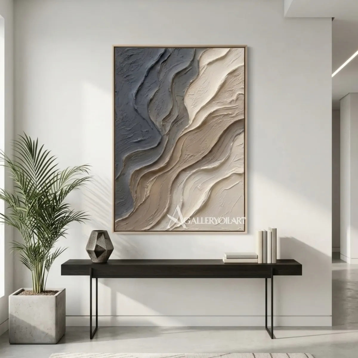 Textured-3D-flowing-abstract-current-gray-wall-art-corridor
