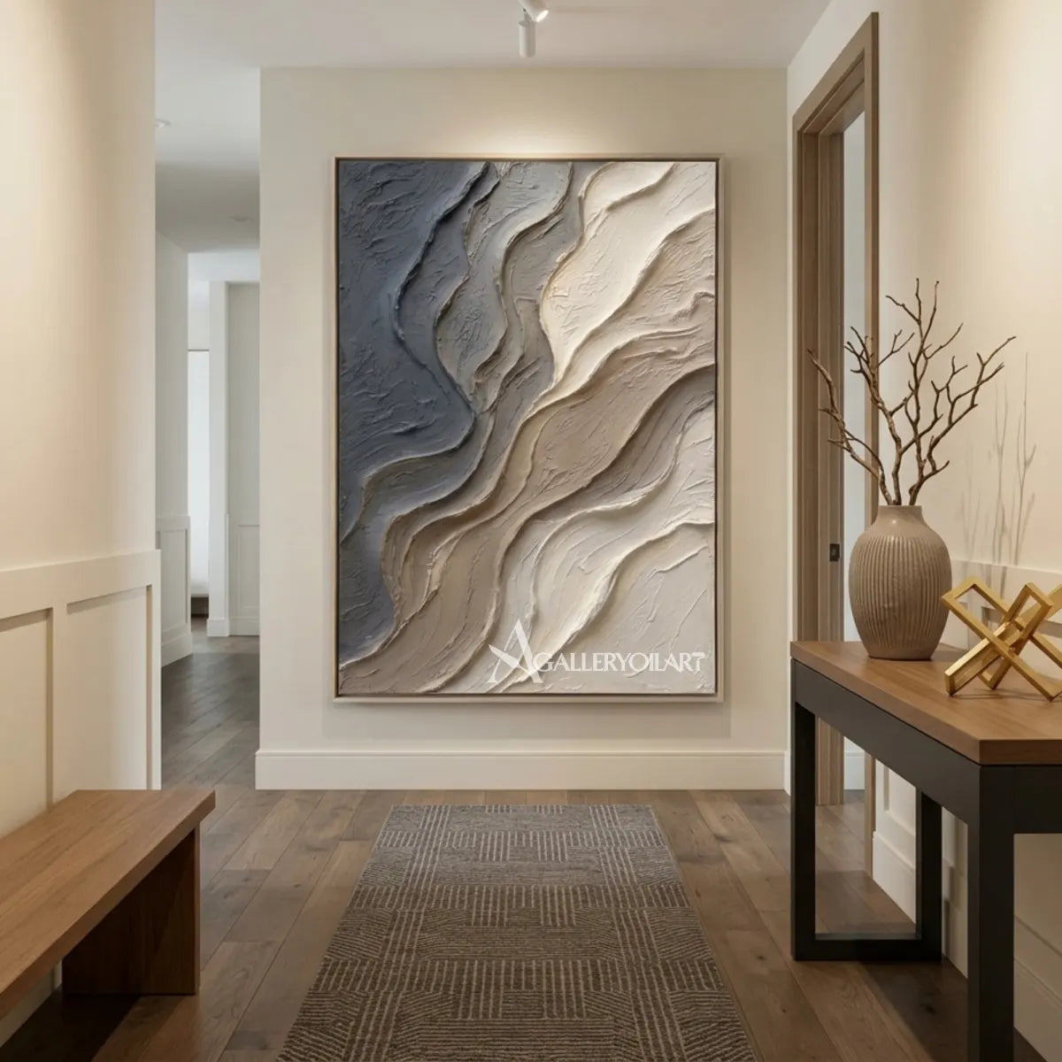 Textured-3D-flowing-abstract-current-gray-wall-art-corridor