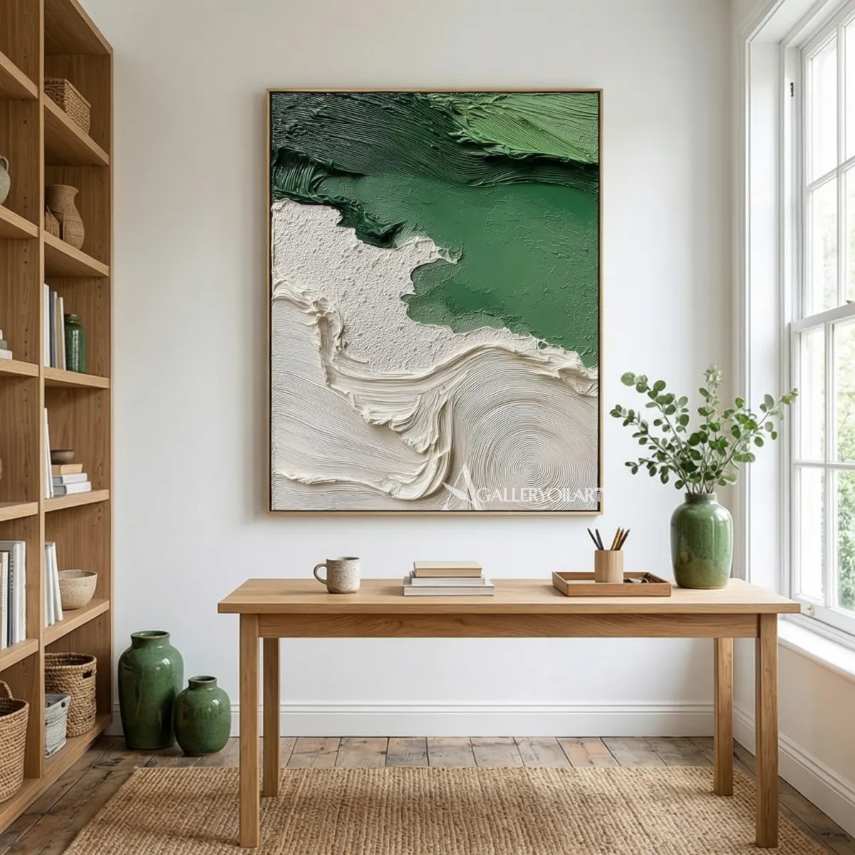 Textured-3D-flowing-abstract-green-and-white-wall-art-in-a-living-room