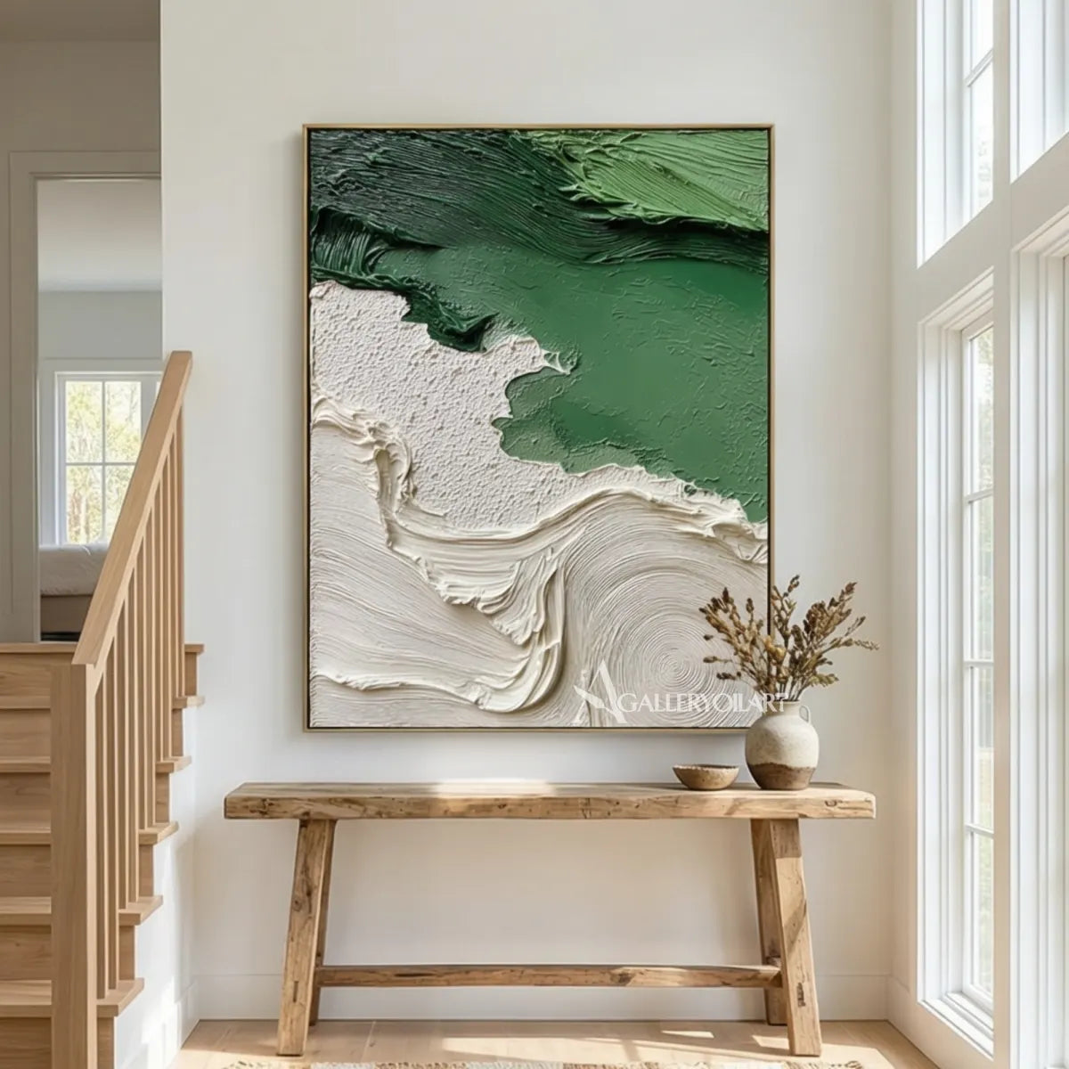 Textured-3D-flowing-abstract-green-and-white-wall-art-by-a-window