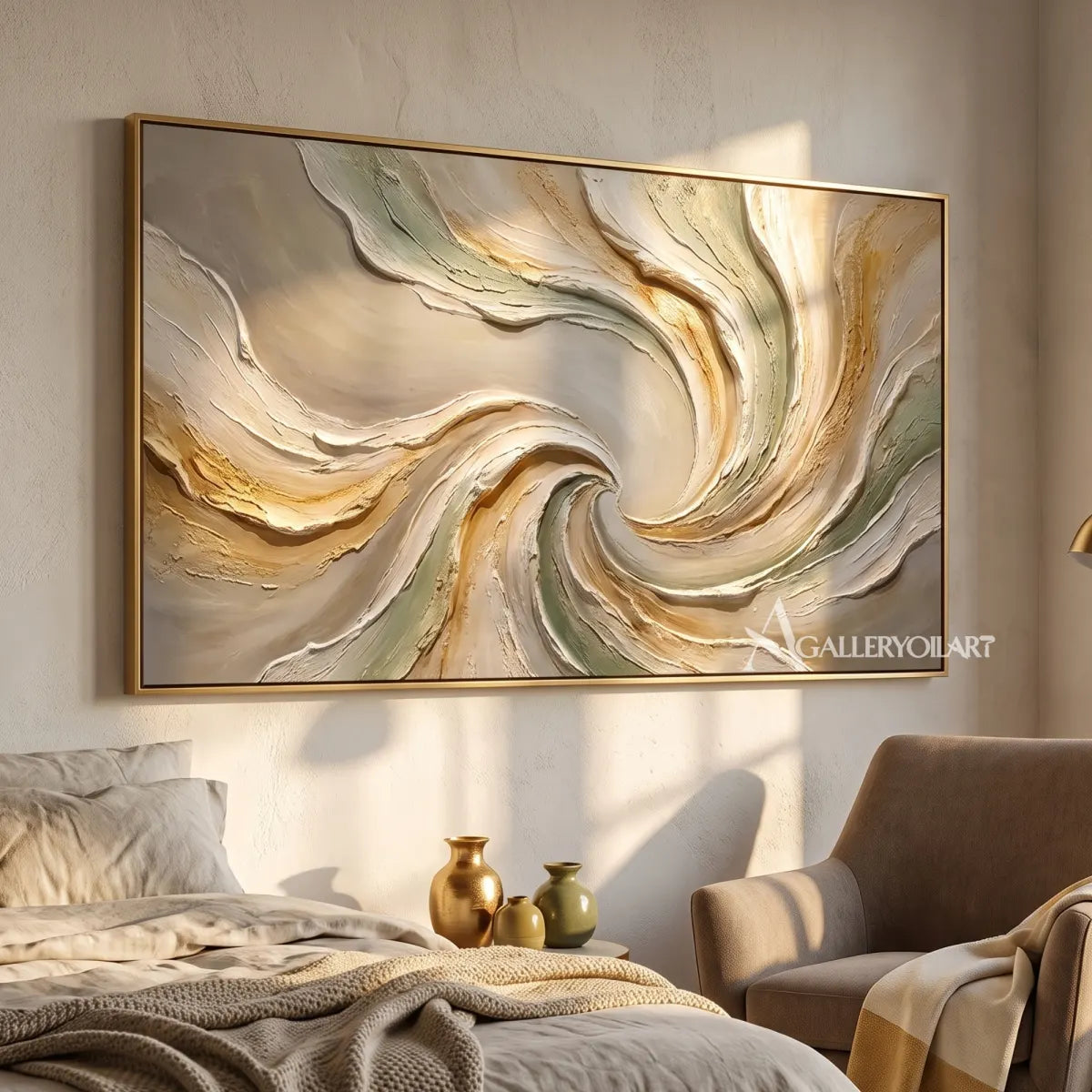 Textured 3D flowing centered motion in beige and sage relief in a bedroom reading nook