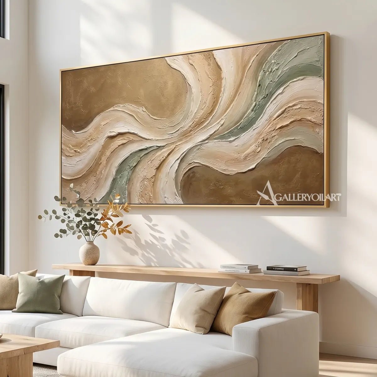 Textured 3D flowing centered motion in beige and sage relief in a living room