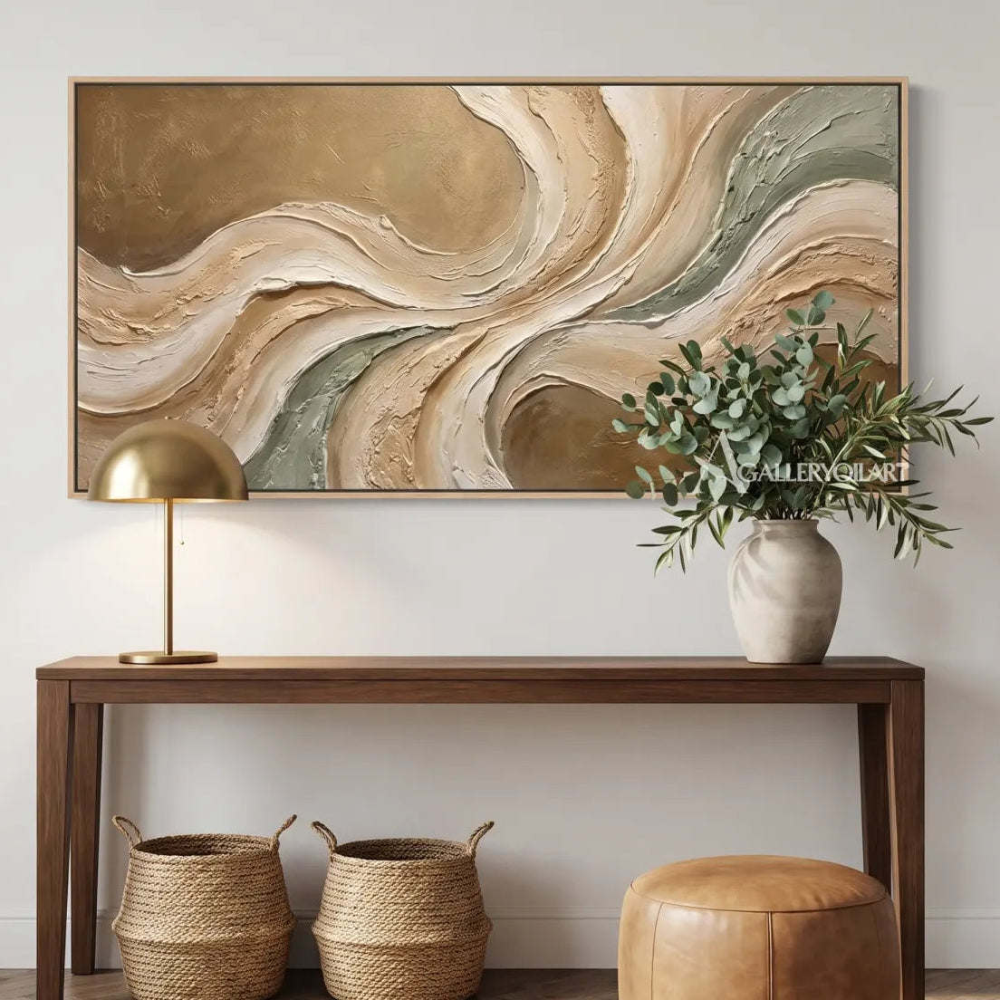 Textured 3D flowing centered motion in beige and sage relief in a modern entryway