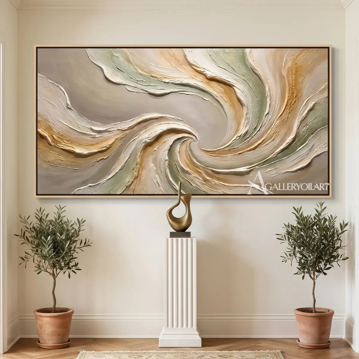 Textured 3D flowing centered motion in beige and sage relief in a modern hallway