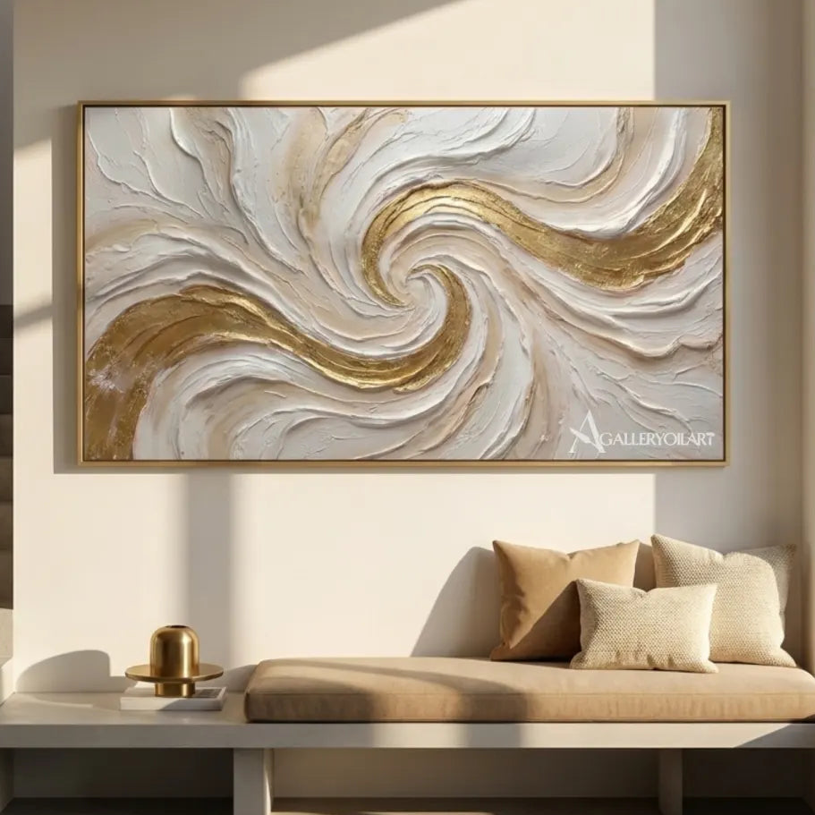 Textured-3D-flowing-crest-in-gold-and-cream-wall-art-in-a-gallery-wall