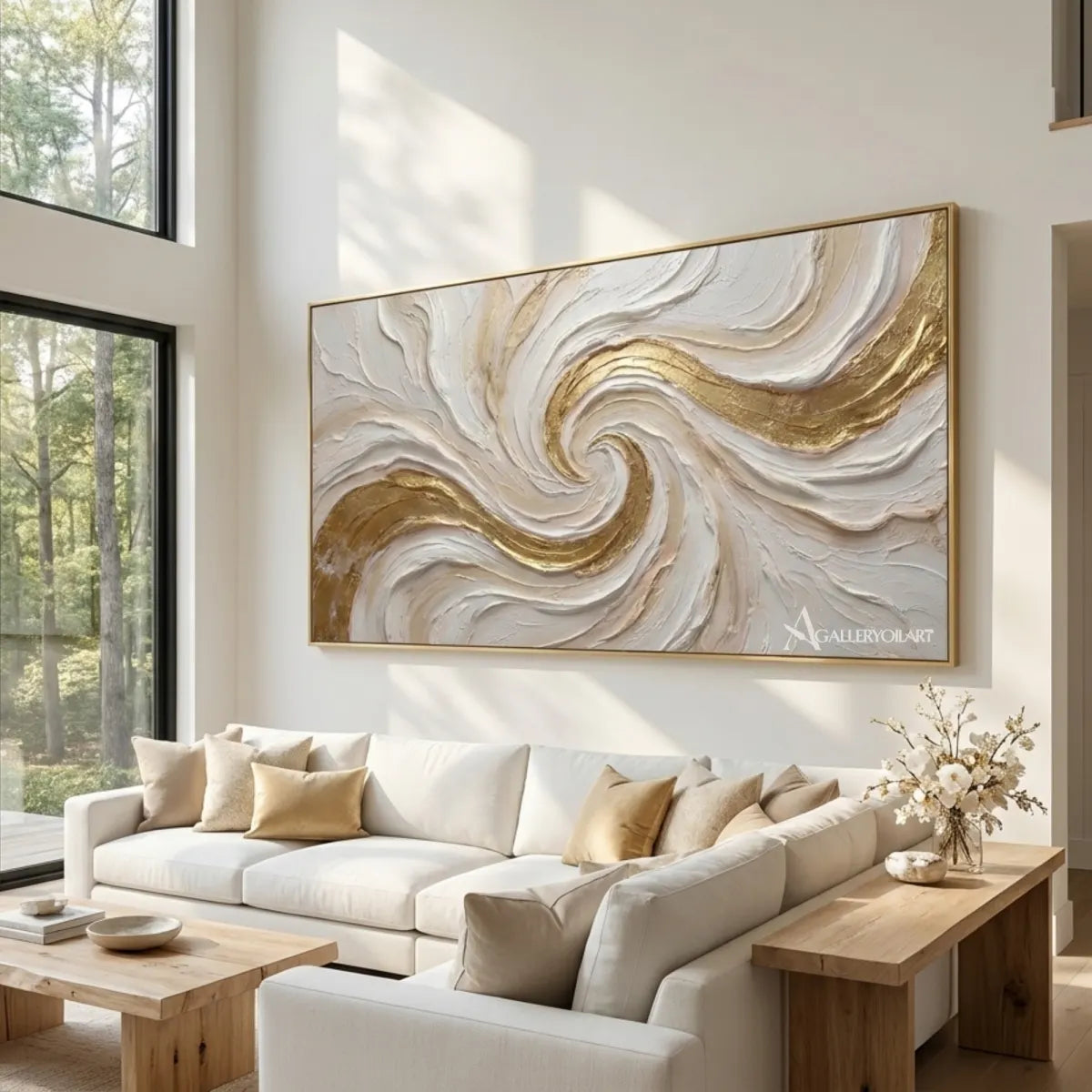 Textured-3D-flowing-crest-in-gold-and-cream-wall-art-in-a-living-room