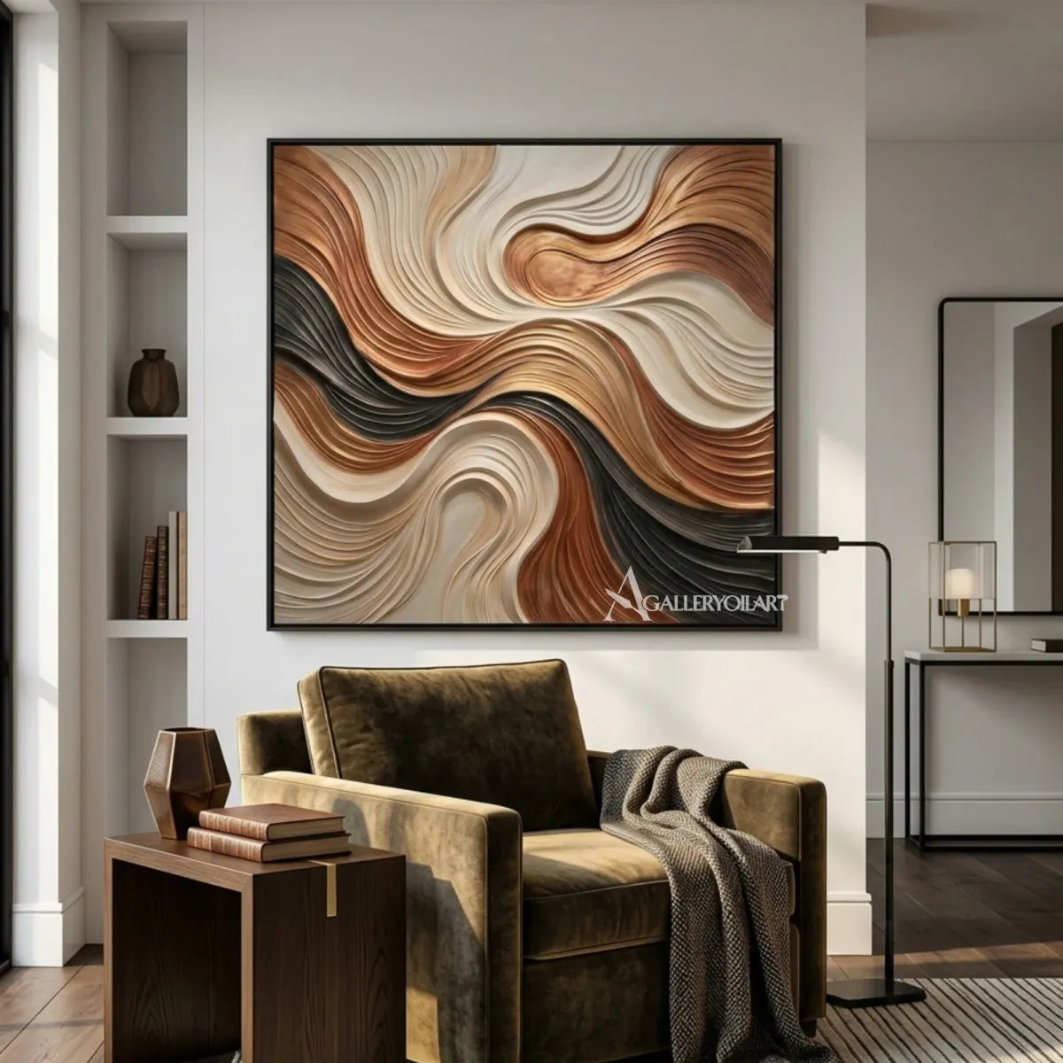 Textured-3D-flowing-currents-in-brown-cream-and-black-close-up-detail