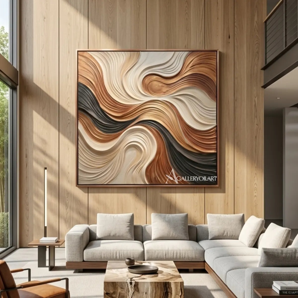 Textured-3D-flowing-currents-in-brown-cream-and-black-with-relief-in-a-living-area
