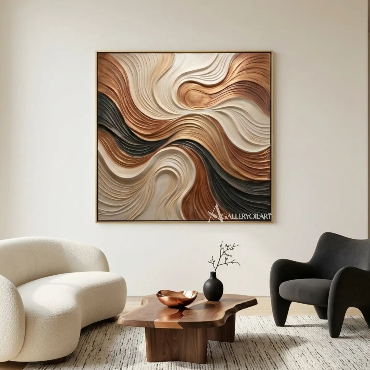 Textured-3D-flowing-currents-in-brown-cream-and-black-with-relief-in-a-living-room
