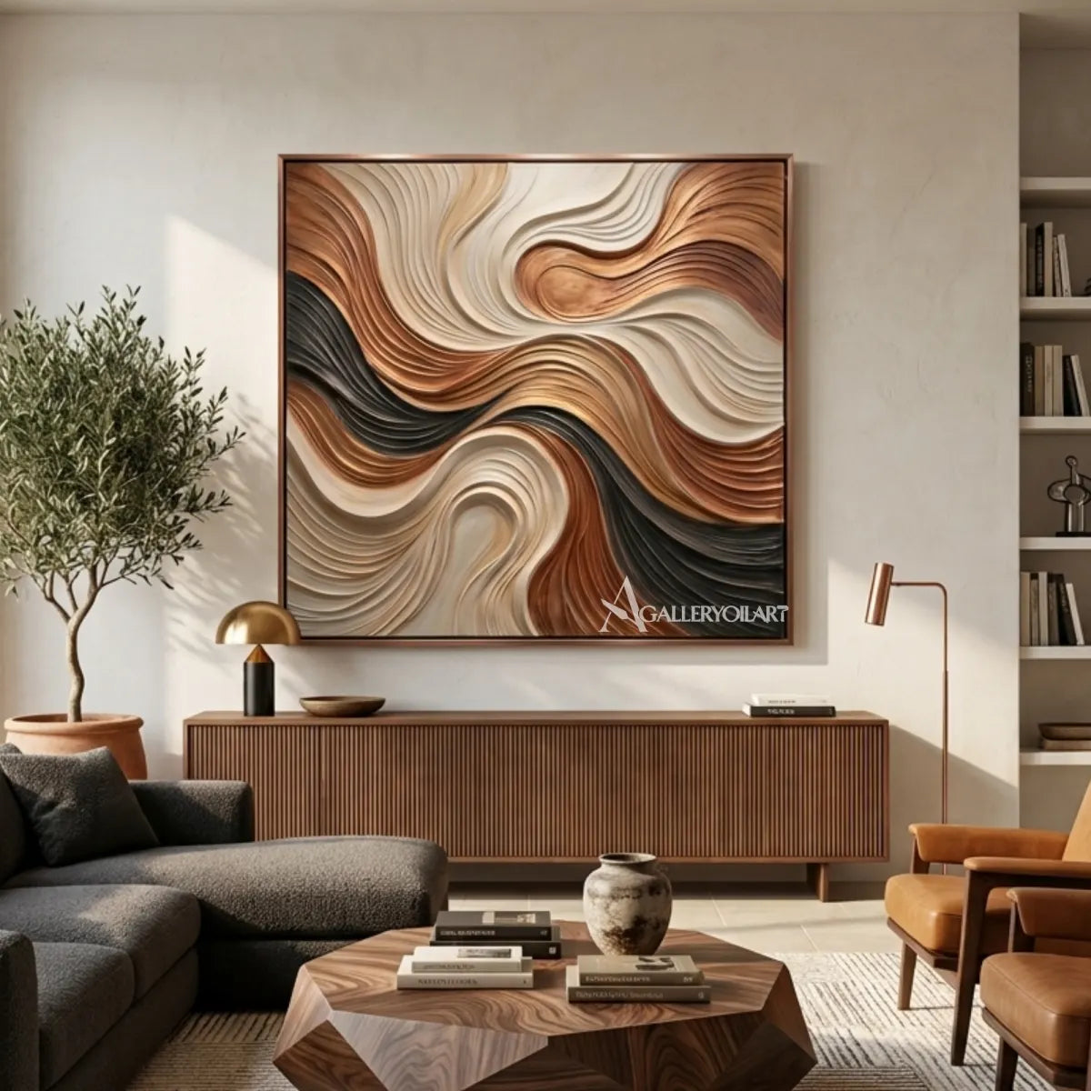 Textured-3D-flowing-currents-in-brown-cream-and-black-with-relief-in-a-neutral-room