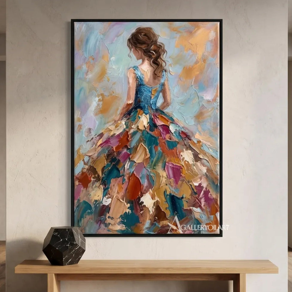 Woman-in-a-flowing-multicolored-gown-in-a-painterly-portrait-with-orange-and-blue-tones-in-a-modern-interior