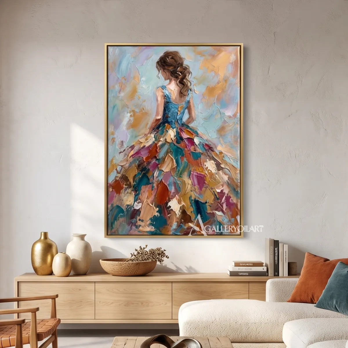 Woman-in-a-sweeping-colorful-gown-in-a-vivid-portrait-painting-over-a-sofa-in-a-gathering-room