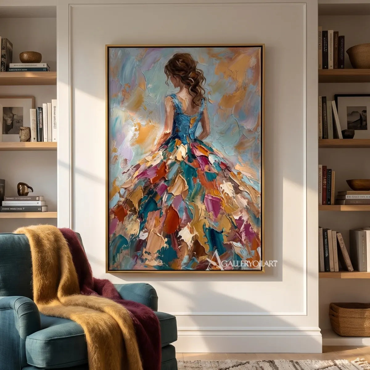 Figure-in-a-sweeping-gown-with-warm-orange-and-turquoise-tones-in-a-portrait-painting-in-a-private-lounge