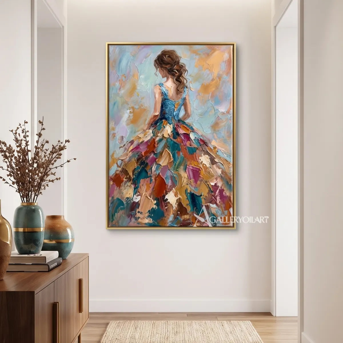 Expressive-woman-in-a-flowing-gown-in-a-textured-orange-and-blue-portrait-painting-in-a-corridor